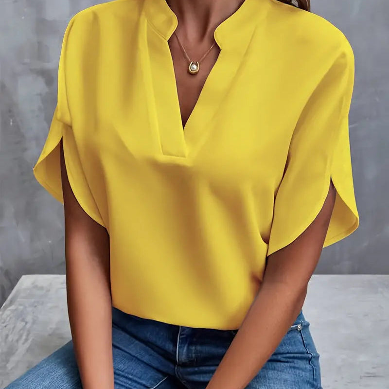 Blouse Unie à Col V Drapé