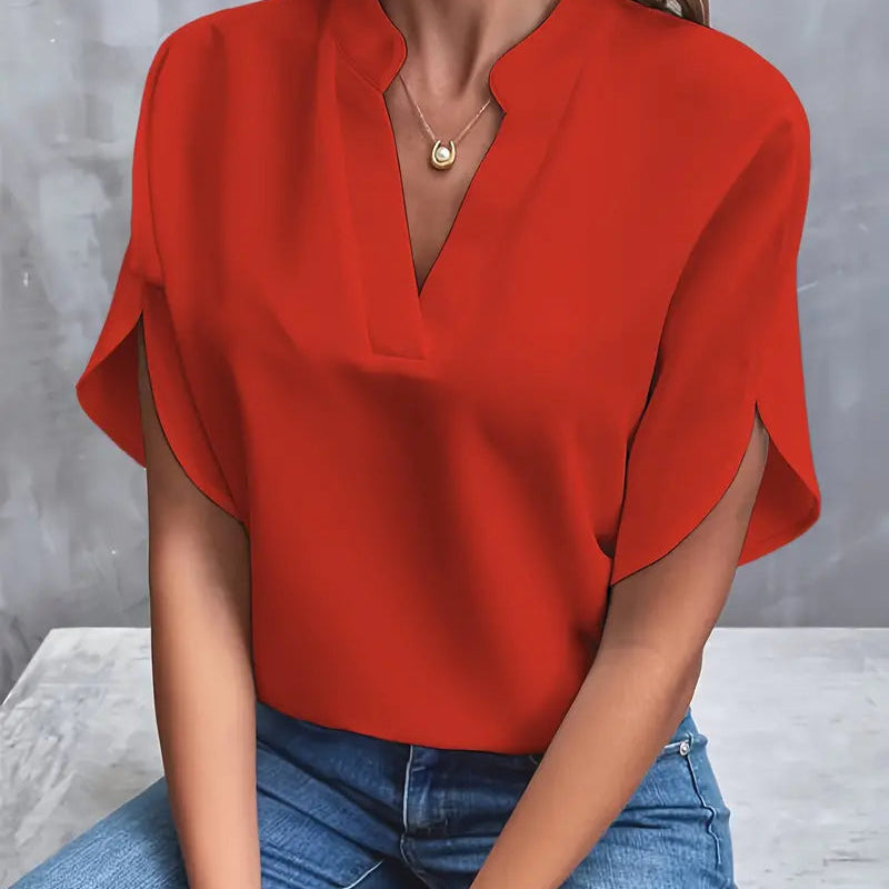 Blouse Unie à Col V Drapé