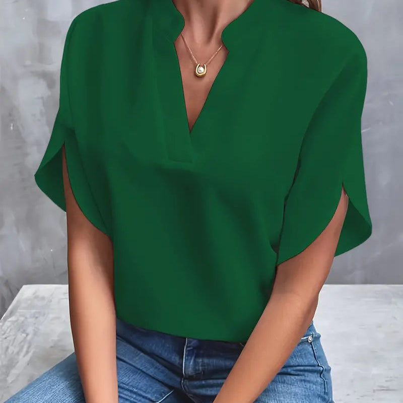 Blouse Unie à Col V Drapé