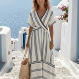 Robe Longue Femme Rayée Cache-Cœur à Ceinture