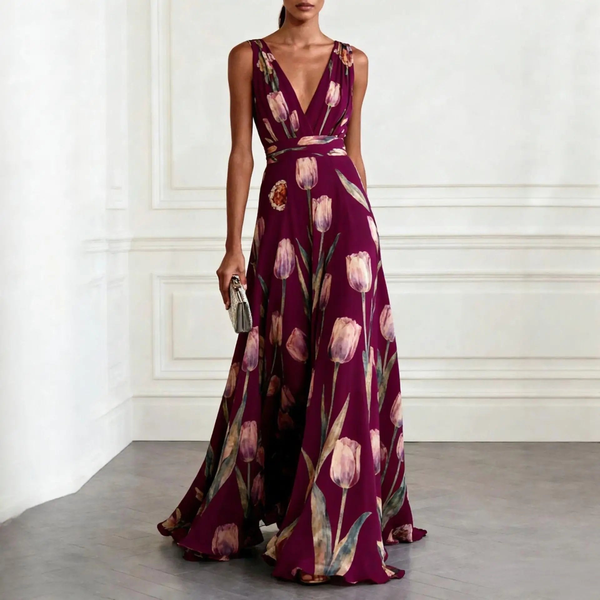 Robe Longue Fleurie à Col V
