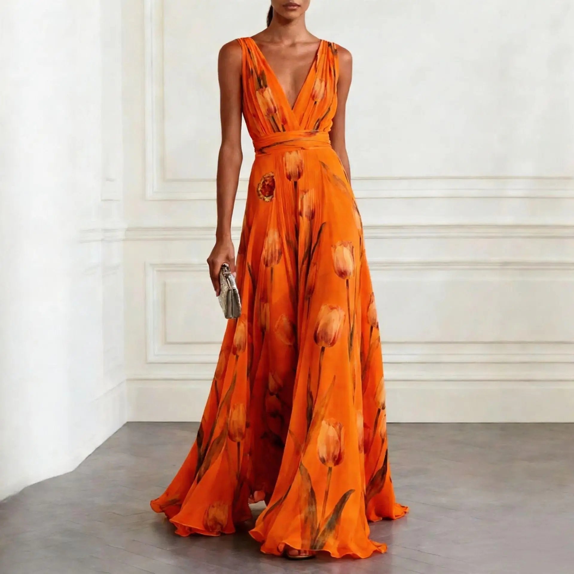 Robe Longue Fleurie à Col V