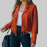 Veste courte en suédine à franges et col cranté