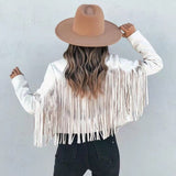 Veste courte en suédine à franges et col cranté