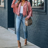 Veste courte en suédine à franges et col cranté