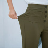 Pantalon Sculptant Taille Haute Boutons Élégant