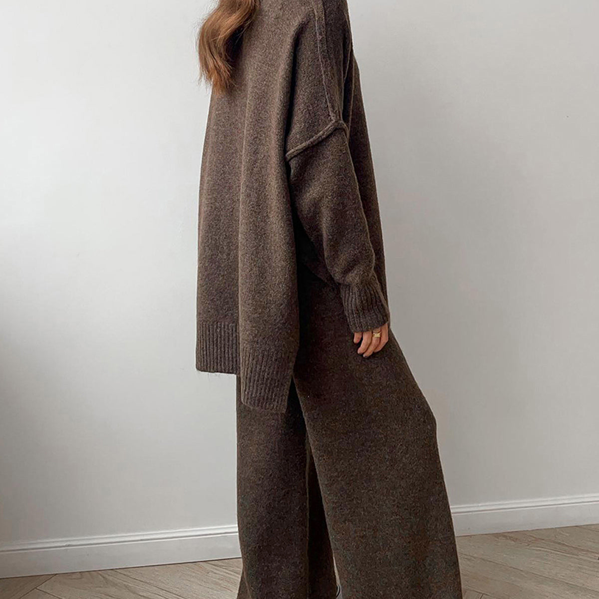 Ensemble Femme Tricot Col Roulé et Pantalon Large Confort