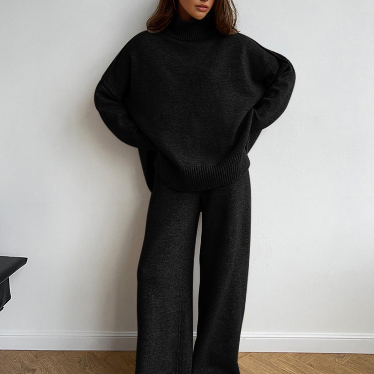 Ensemble Femme Tricot Col Roulé et Pantalon Large Confort