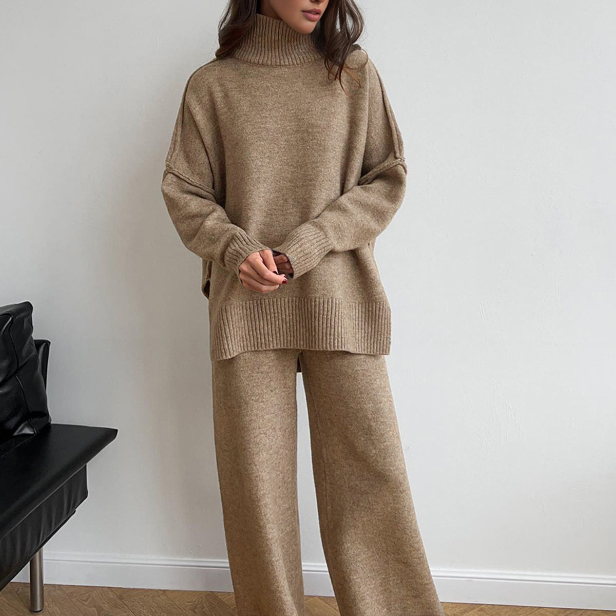 Ensemble Femme Tricot Col Roulé et Pantalon Large Confort