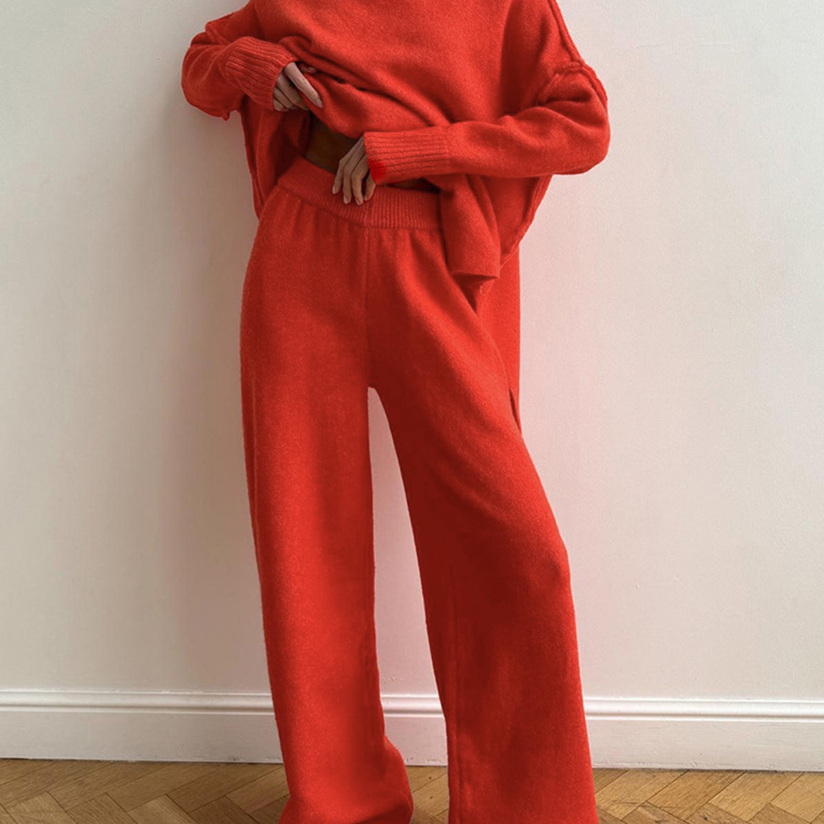 Ensemble Femme Tricot Col Roulé et Pantalon Large Confort