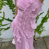 Robe Longue Volants Asymétrique Épaule Dénudée Élégance Glamour
