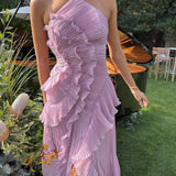 Robe Longue Volants Asymétrique Épaule Dénudée Élégance Glamour