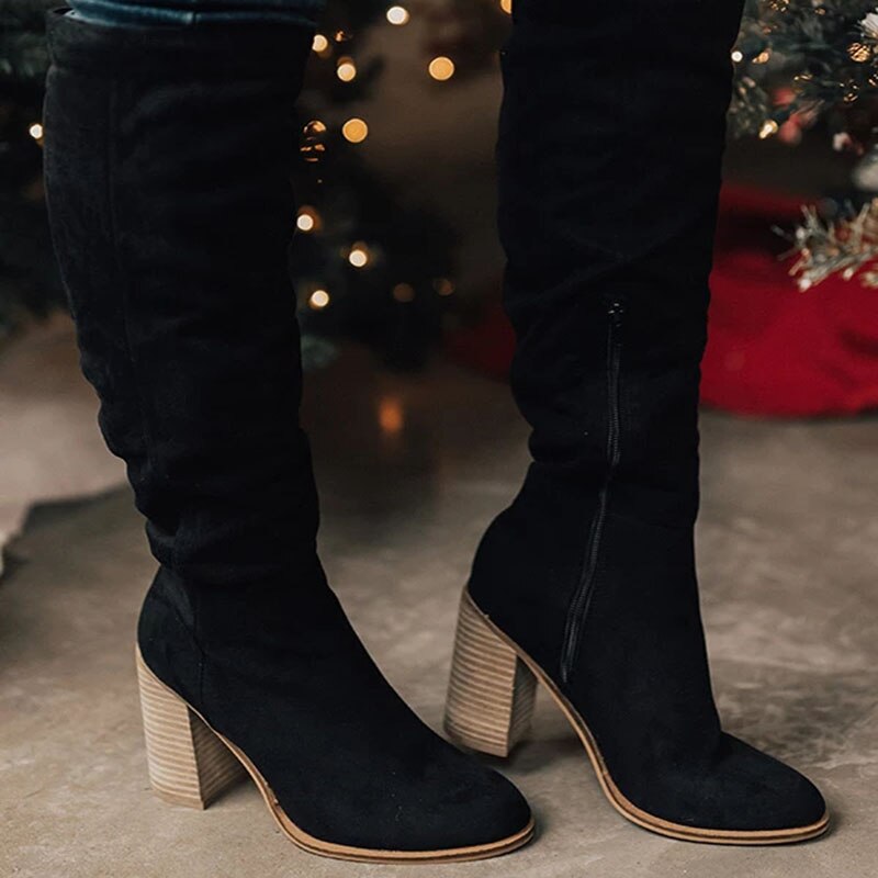 Cuissardes Plissées Talon Épais Élégance Hiver Chic