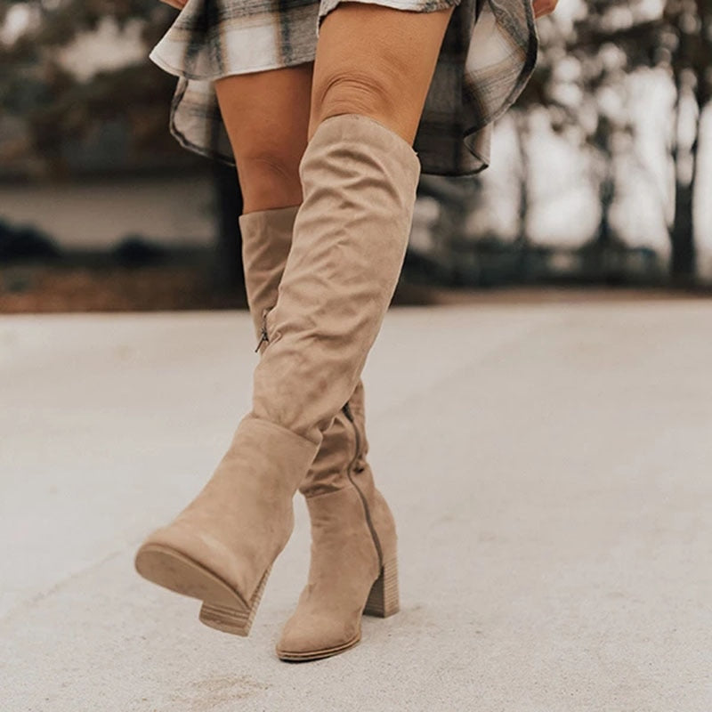 Cuissardes Plissées Talon Épais Élégance Hiver Chic