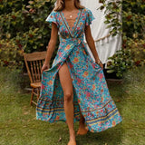 Robe longue portefeuille col V à manches volantées