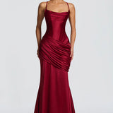 Robe Longue Satinée Drapée à Bretelles