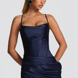 Robe Longue Satinée Drapée à Bretelles