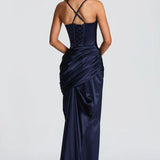 Robe Longue Satinée Drapée à Bretelles