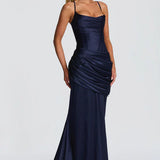 Robe Longue Satinée Drapée à Bretelles