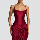 Robe Longue Satinée Drapée à Bretelles