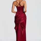 Robe Longue Satinée Drapée à Bretelles