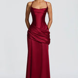 Robe Longue Satinée Drapée à Bretelles