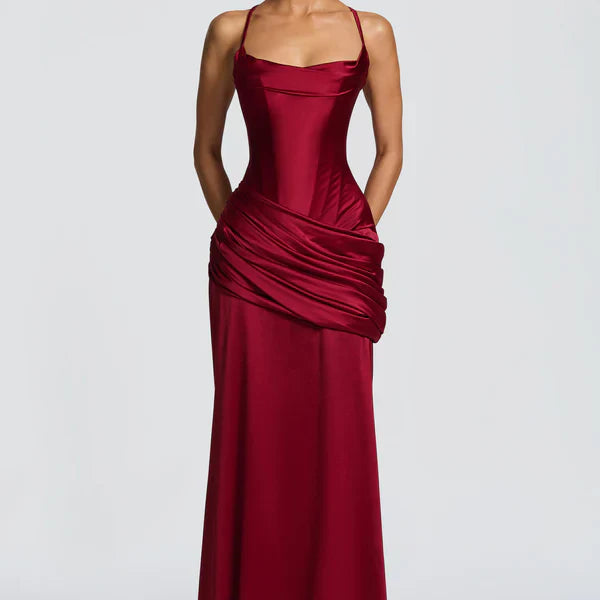 Robe Longue Satinée Drapée à Bretelles