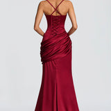Robe Longue Satinée Drapée à Bretelles