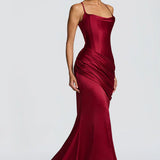Robe Longue Satinée Drapée à Bretelles