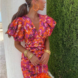 Robe Midi Fleurie à Manches Bouffantes