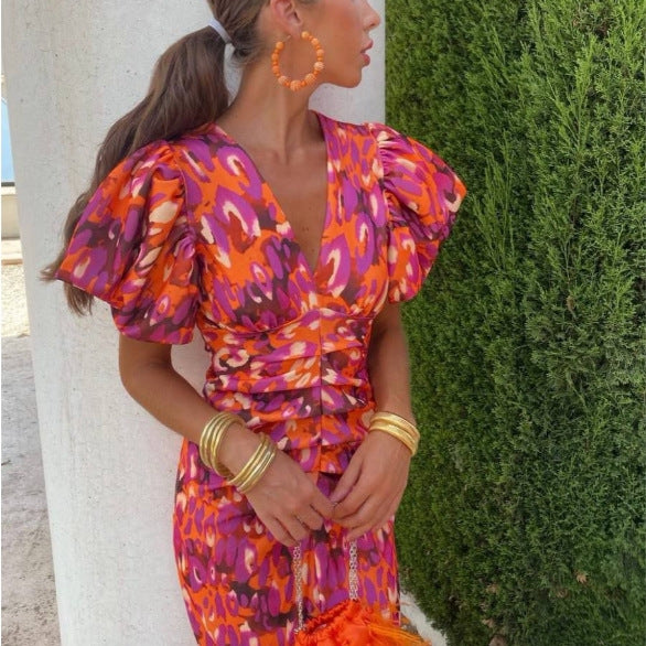 Robe Midi Fleurie à Manches Bouffantes