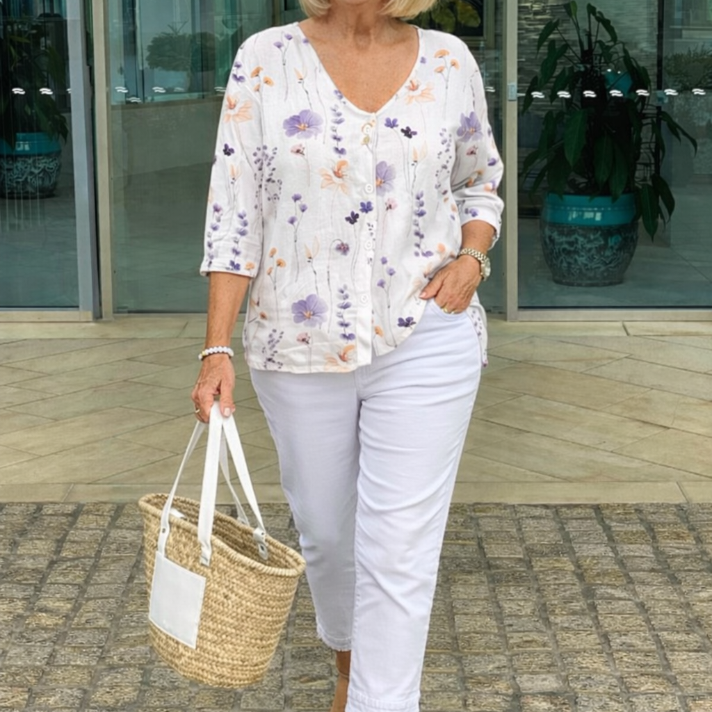 Blouse Femme Fleurie à Col V et Manches Courtes