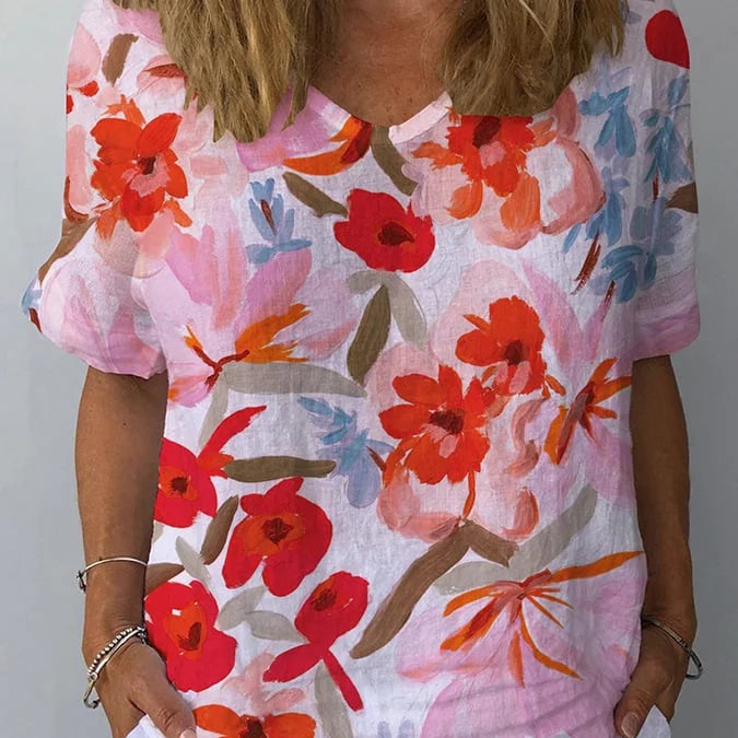 Blouse Femme Fleurie à Col Rond et Manches Courtes