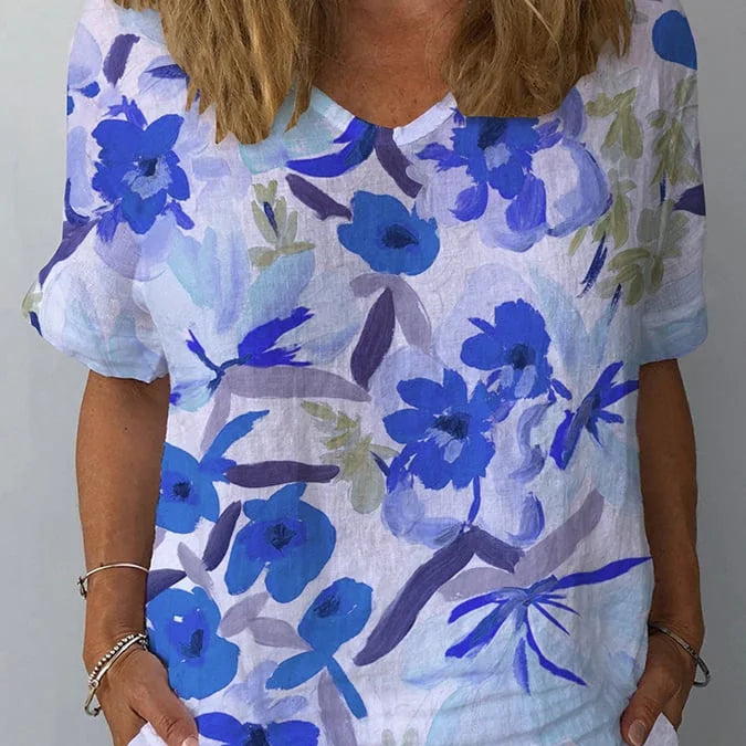 Blouse Femme Fleurie à Col Rond et Manches Courtes