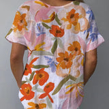 Blouse Femme Fleurie à Col Rond et Manches Courtes