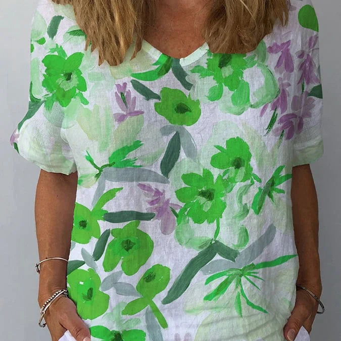 Blouse Femme Fleurie à Col Rond et Manches Courtes