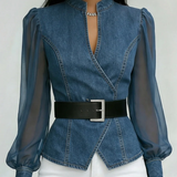 Blouse Effet Denim à Ceinture