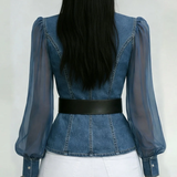Blouse Effet Denim à Ceinture