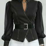 Blouse Effet Denim à Ceinture
