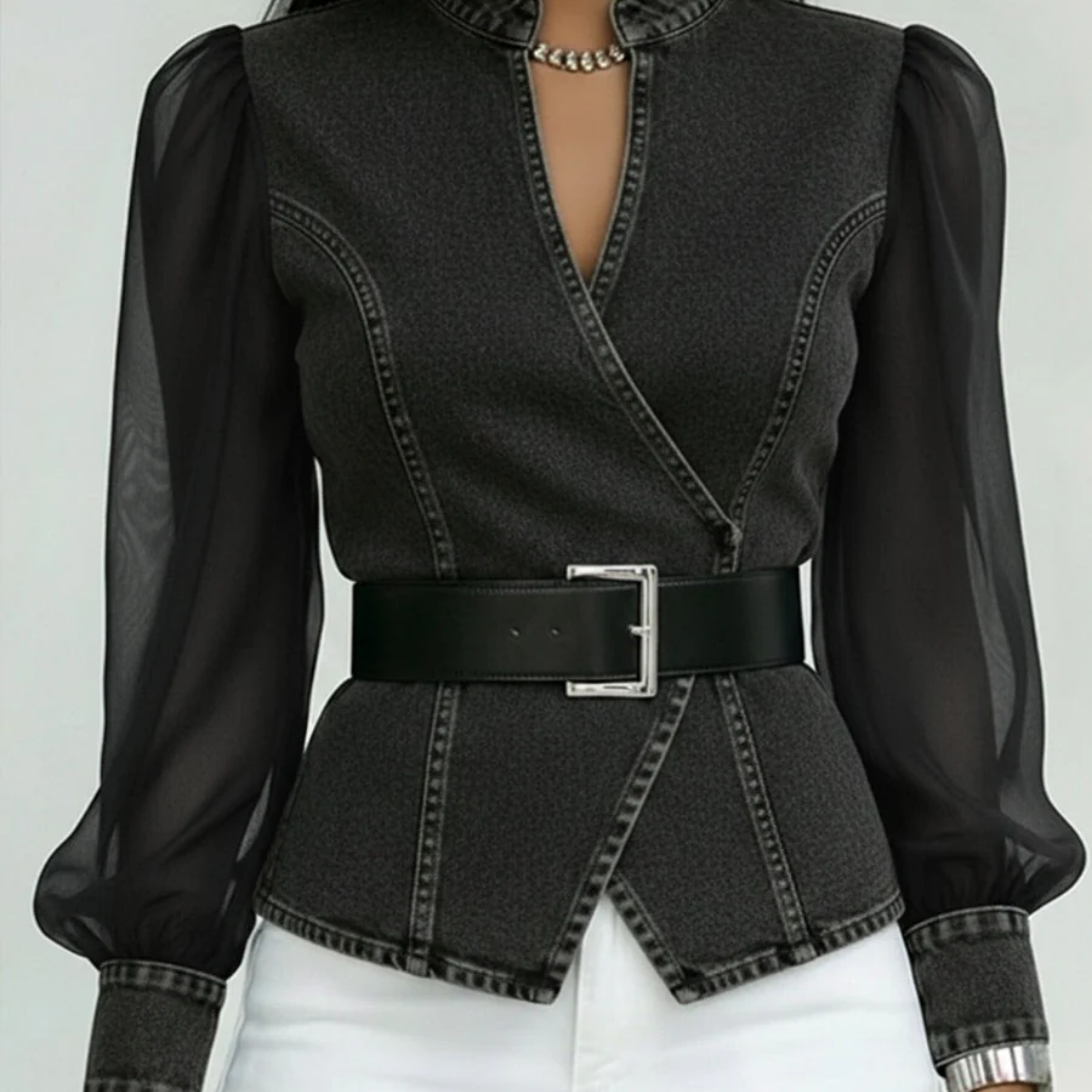 Blouse Effet Denim à Ceinture