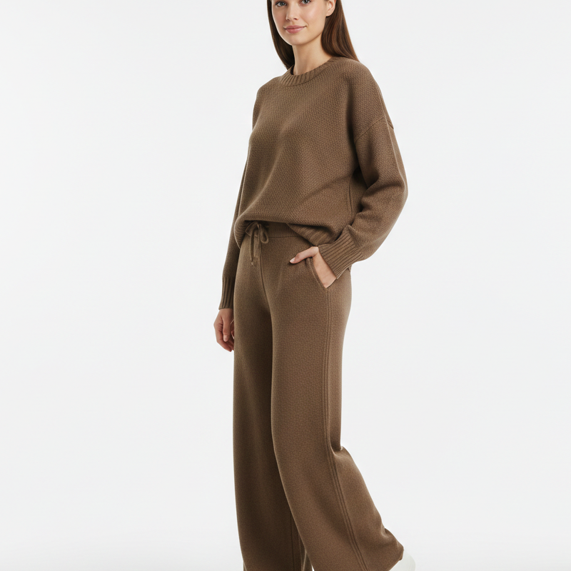 Ensemble Lounge Maille Douce Pantalon Large Pull Confort Élégant