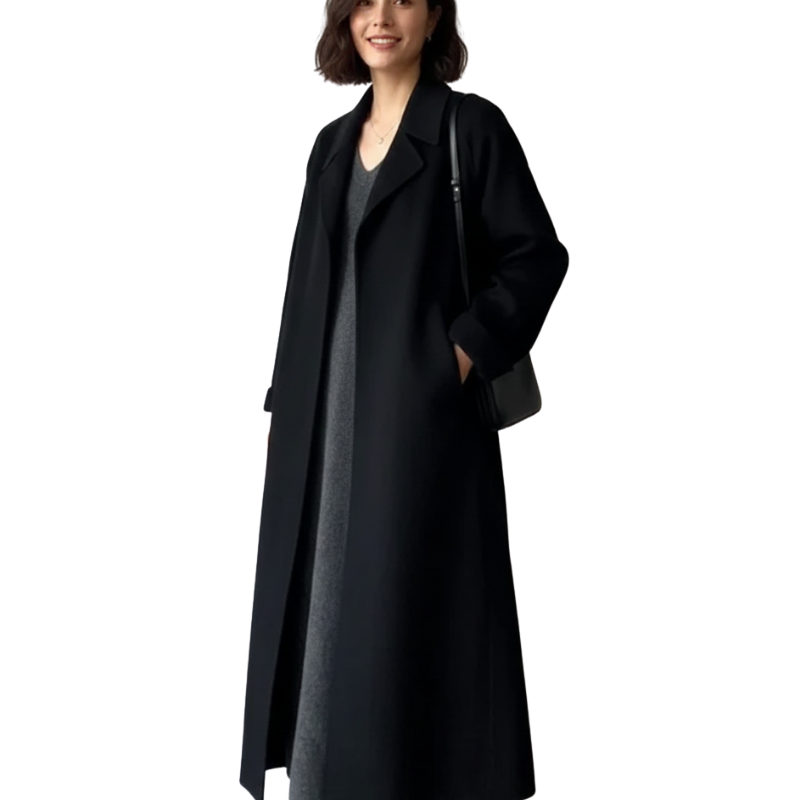 Manteau Long Ceinturé Col Haut Élégance Classique Chic