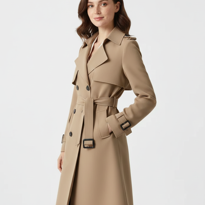 Lang Trenchcoat Med Bælte Klassisk Elegant Stil