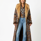Manteau Long Bohème Motifs Géométriques Fausse Fourrure Élégant