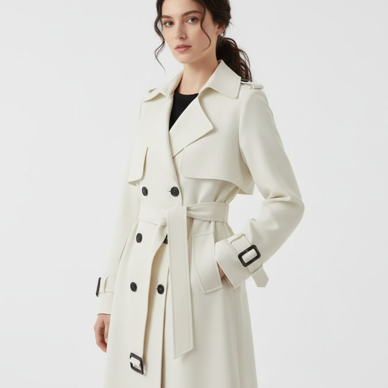 Lang Trenchcoat Med Bælte Klassisk Elegant Stil