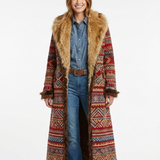 Manteau Long Bohème Motifs Géométriques Fausse Fourrure Élégant