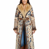 Manteau Long Bohème Motifs Géométriques Fausse Fourrure Élégant