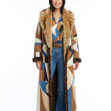 Manteau Long Bohème Motifs Géométriques Fausse Fourrure Élégant