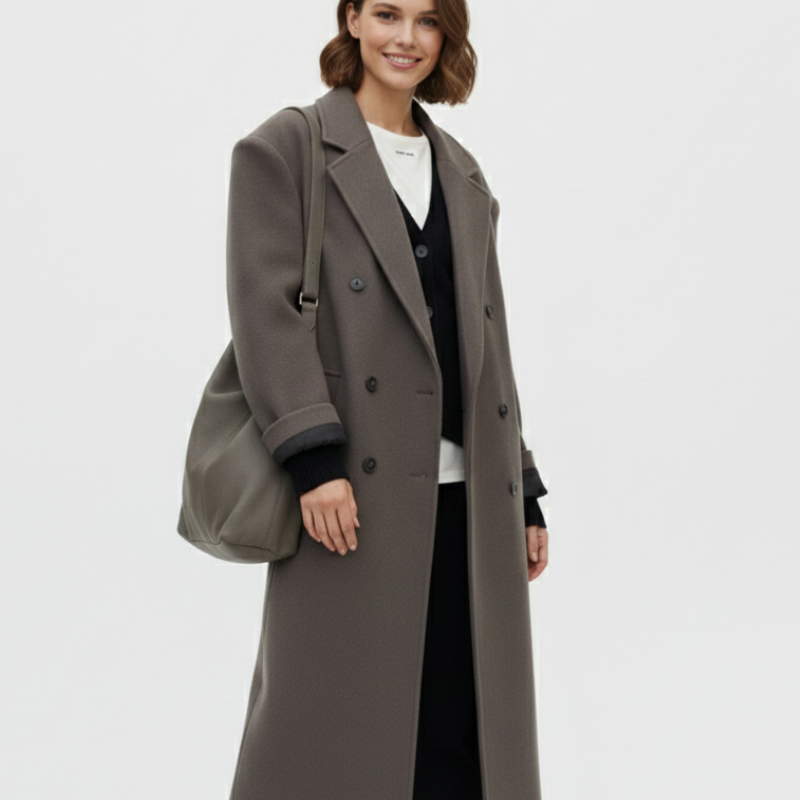 Lang Elegant Uldfrakke Minimalistisk Stil Komfort og Varme
