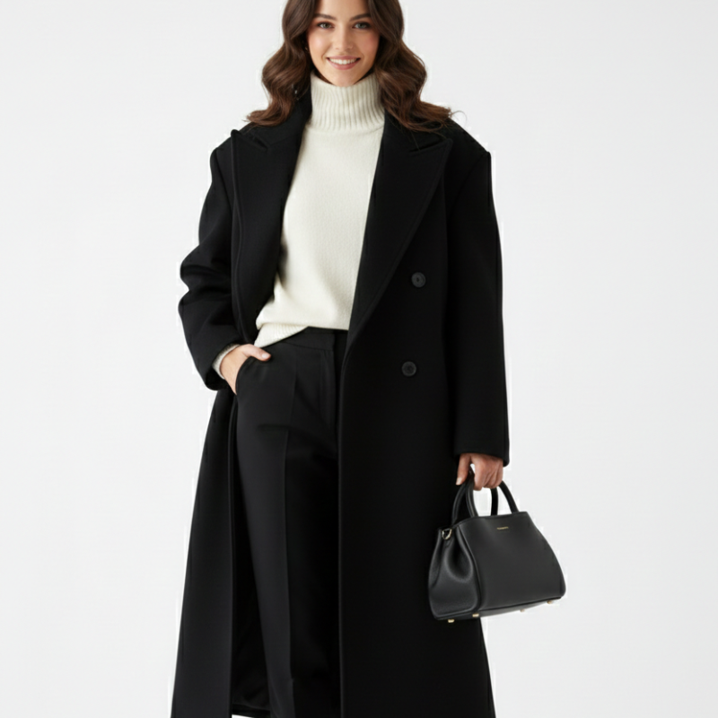 Lang Elegant Uldfrakke Minimalistisk Stil Komfort og Varme